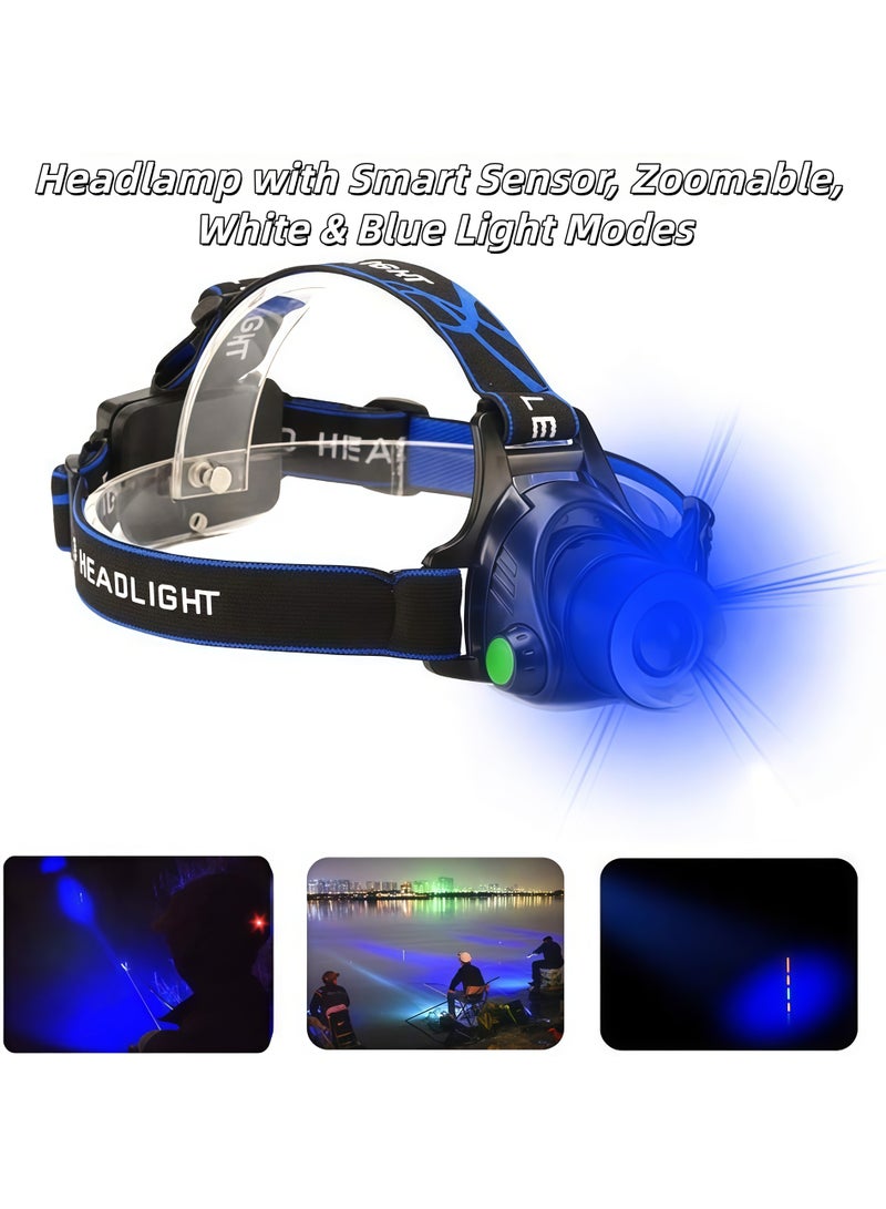 شو وو مصباح أمامي ذكي للتكبير، مصباح أمامي قابل لإعادة الشحن، 800 لومن، مصباح أمامي فائق السطوع، IPX6 مصباح أمامي مقاوم للماء قابل للتكبير، مصابيح رأس قابلة للدوران 90 درجة للجبهة، مصباح أمامي للتركيز قابل للتعديل، أوضاع إضاءة بيضاء وزرقاء، مصابيح أمامية LED للبالغين، للتخييم، المشي لمسافات طويلة، في الهواء الطلق، الصيد، الجري - Image 5